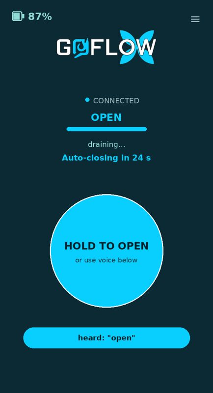 GoFlow companion app showing valve state and hold-to-open control